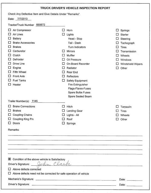 Sample printed vehicle inspection